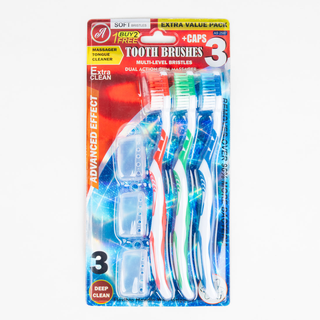 Toothbrush Value Pack 3 Count by Aim – Multi-Level Bristles with Gum Massager and Tongue Cleaner